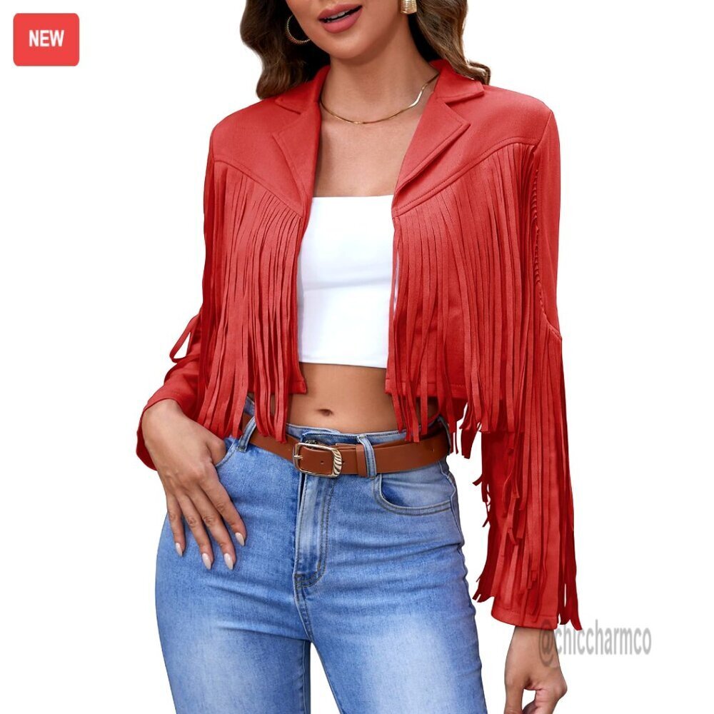 Faux Leather Cropped Jacket with Fringe Tassels, Casual Motorcycle Style